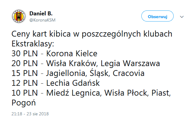 CENY kart kibica klubów Ekstraklasy